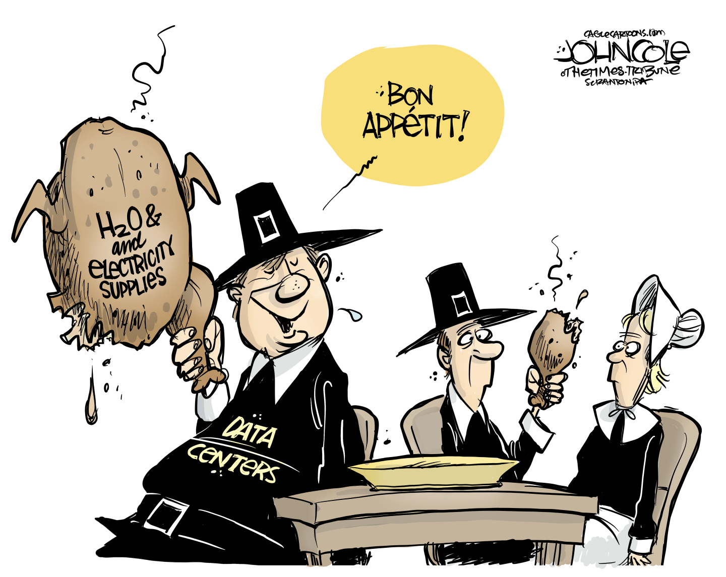 A large male pilgrim sits at the Thanksgiving table next to a smaller male and female pilgrim in this cartoon. The smaller male and female pilgrim look askance at their small piece of turkey. The larger pilgrim is labeled &amp;ldquo;Data Centers.&amp;rdquo; He&amp;rsquo;s eating the whole rest of the turkey, which is labeled &amp;ldquo;H20 and electricity supplies.&amp;rdquo; He looks at the other two and says, &amp;ldquo;Bon appetit!&amp;rdquo;