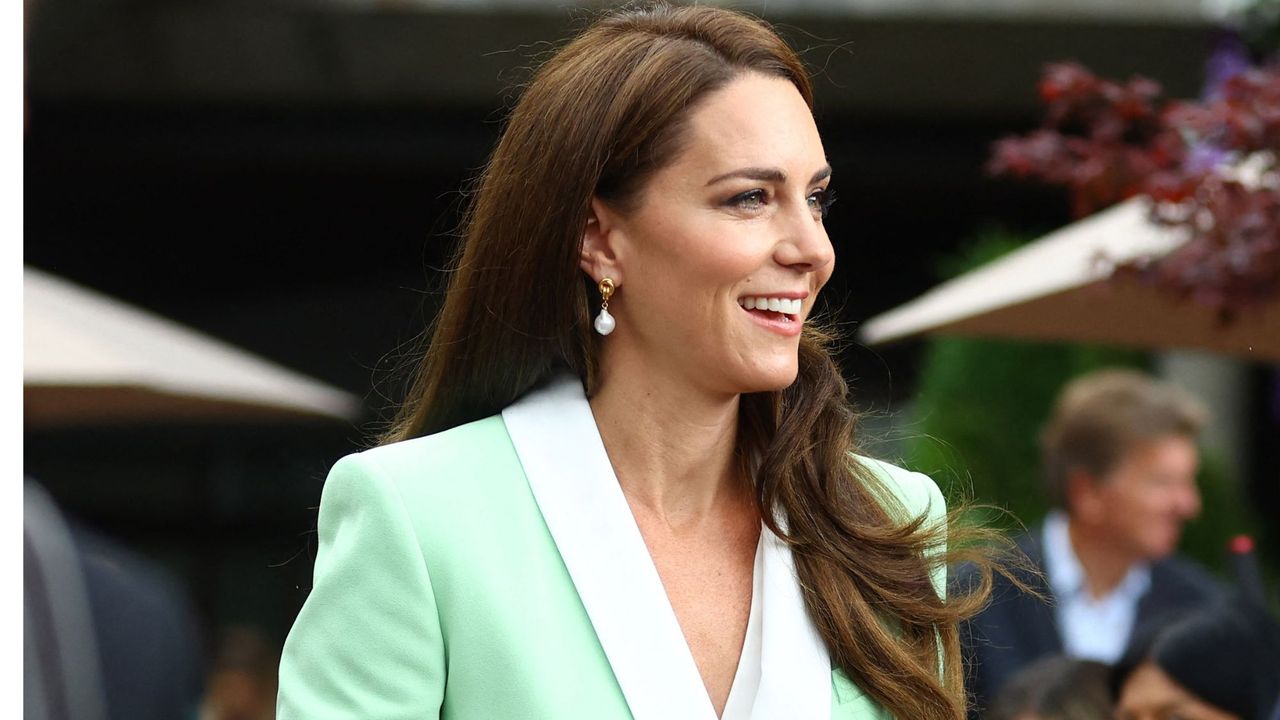 Kate Middleton at Wimbledon tennis tournament in London, wearing a mint green blazer