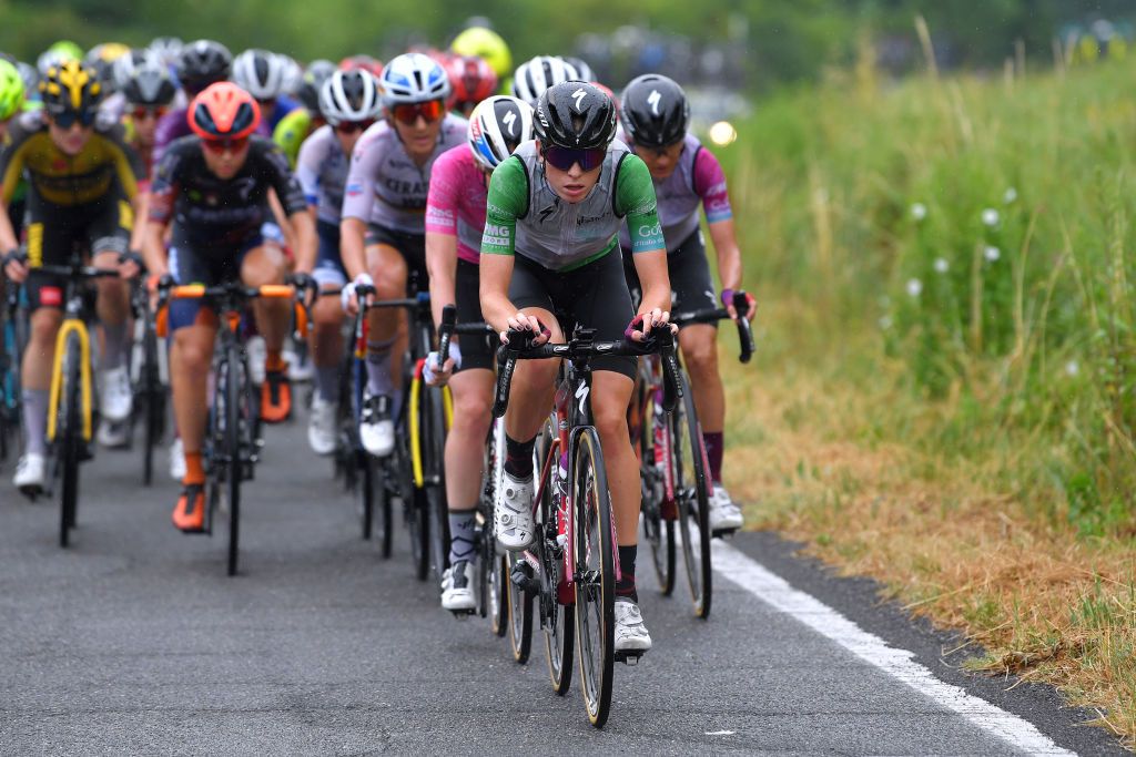 OVADA ITALY JULY 04 Demi Vollering of Netherlands and Team SD Worx Green Mountain Jersey leads The Peloton during the 32nd Giro dItalia Internazionale Femminile 2021 Stage 3 a 135km stage from Casale Monferrato to Ovada GiroDonne UCIWWT on July 04 2021 in Ovada Italy Photo by Luc ClaessenGetty Images