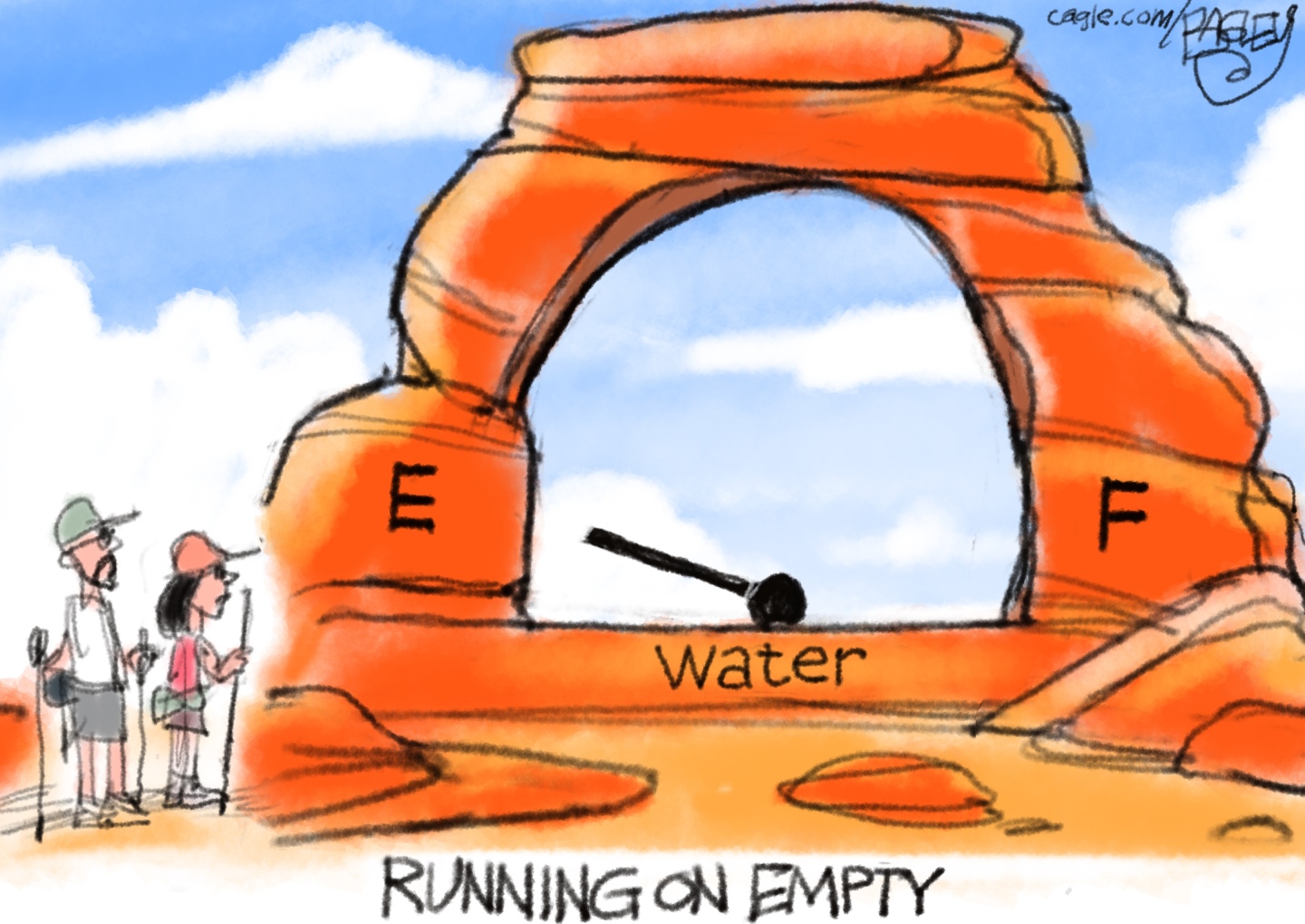 This cartoon is titled &amp;ldquo;Running on Empty.&amp;rdquo; A female and male hiker in a desert look at a rock formation that is shaped like a gas gauge. The rock is labeled &amp;ldquo;Water&amp;rdquo; and the dial is pointing to Empty.