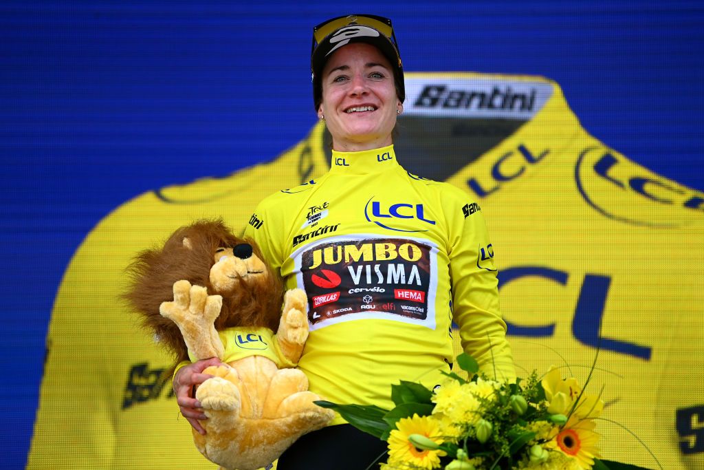 ROSHEIM FRANCE JULY 29 Marianne Vos of Netherlands and Jumbo Visma Women Team celebrates at podium as Yellow Leader Jersey winner during the 1st Tour de France Femmes 2022 Stage 6 a 1286km stage from SaintDidesVosges to Rosheim TDFF UCIWWT on July 29 2022 in Rosheim France Photo by Tim de WaeleGetty Images