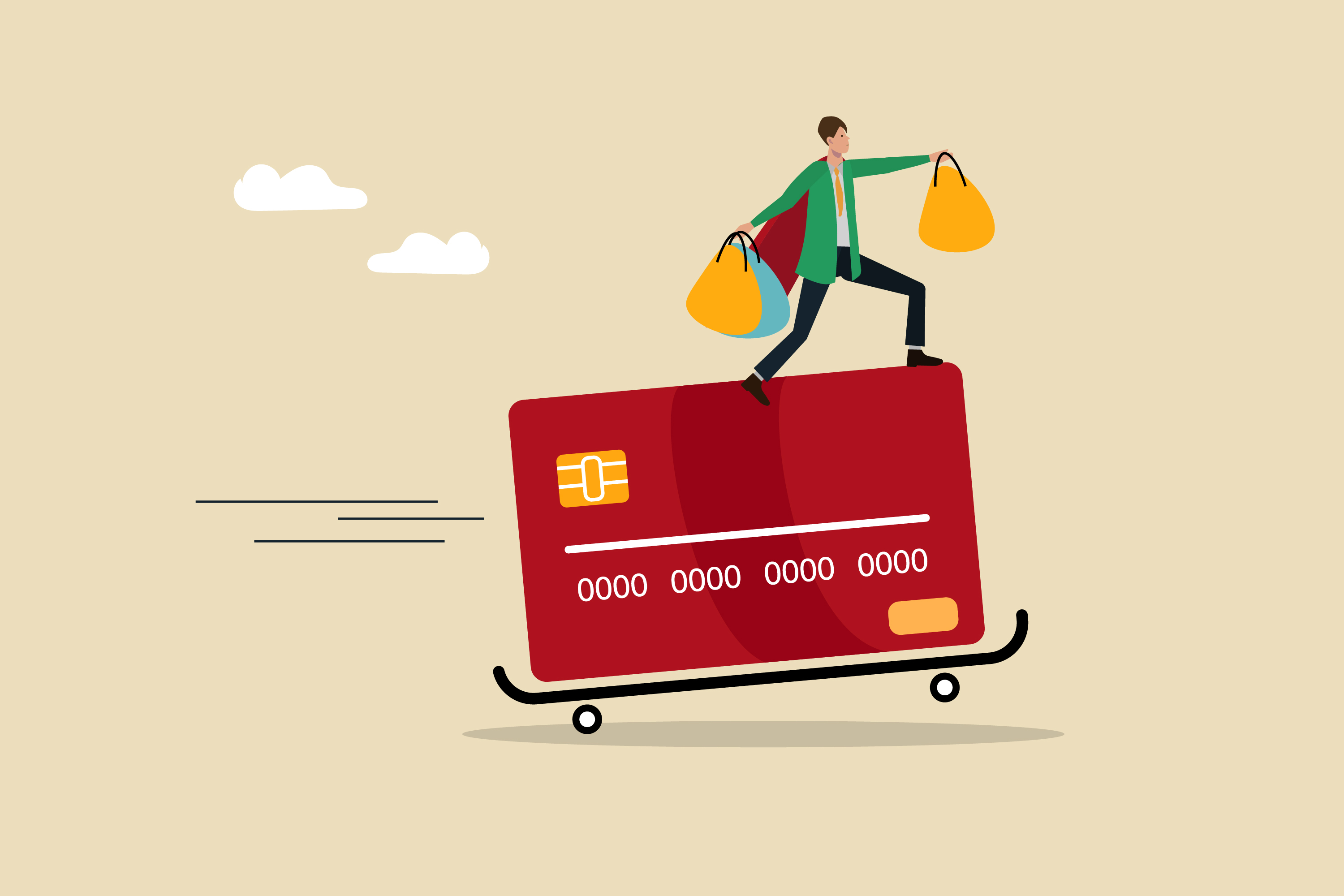 A shopper riding his skateboard holding shopping bags on a credit card. 