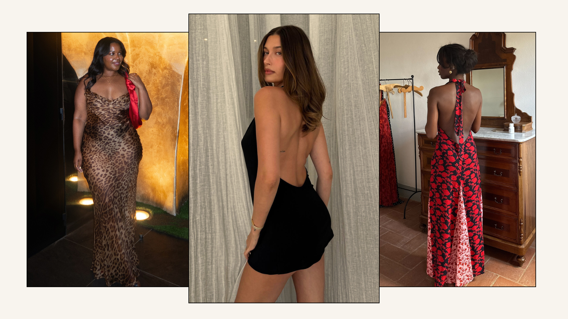 A collage of backless bra outfits.