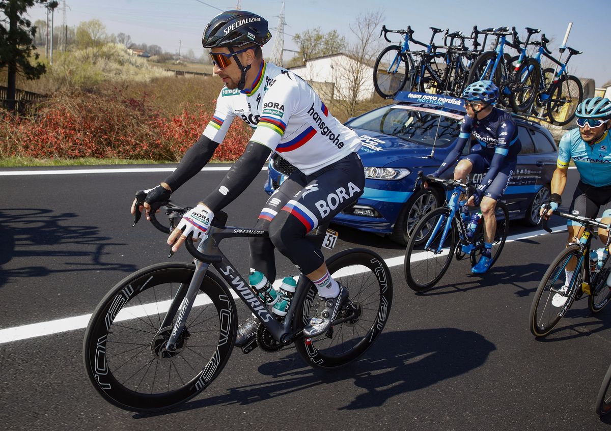 Peter Sagan riding towards the back of the peloton early on.