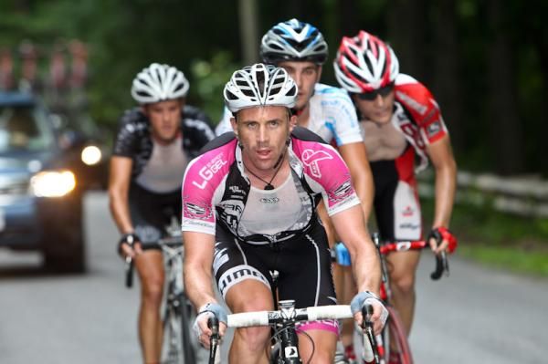 Brett Tivers (Garneau-Club Chaussures) leading the way lower down on the climb.