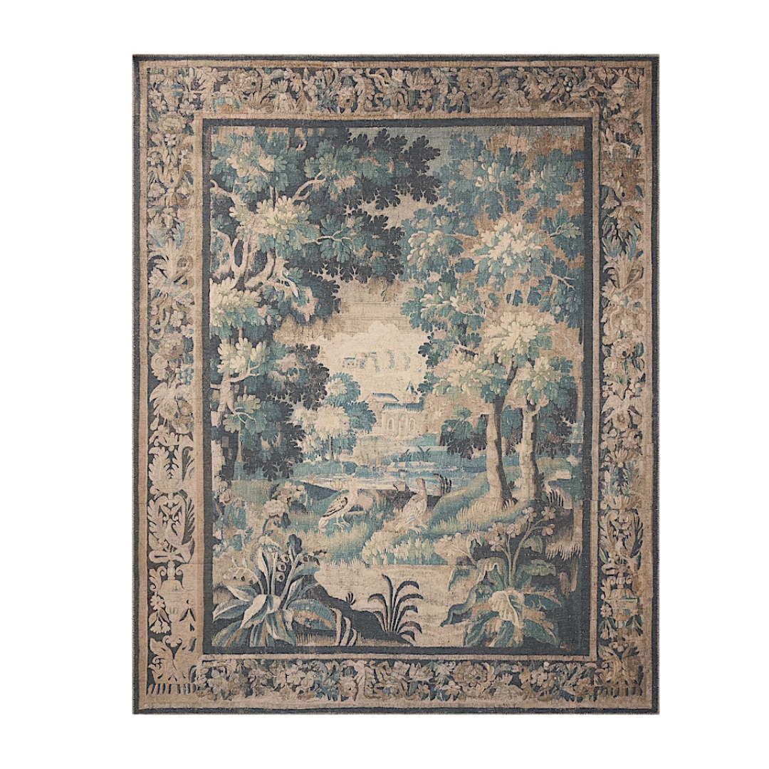 Hollyhock Printed Tapestry Rug - Natural / Lagoon 7&apos; 6" X 9&apos; 6"