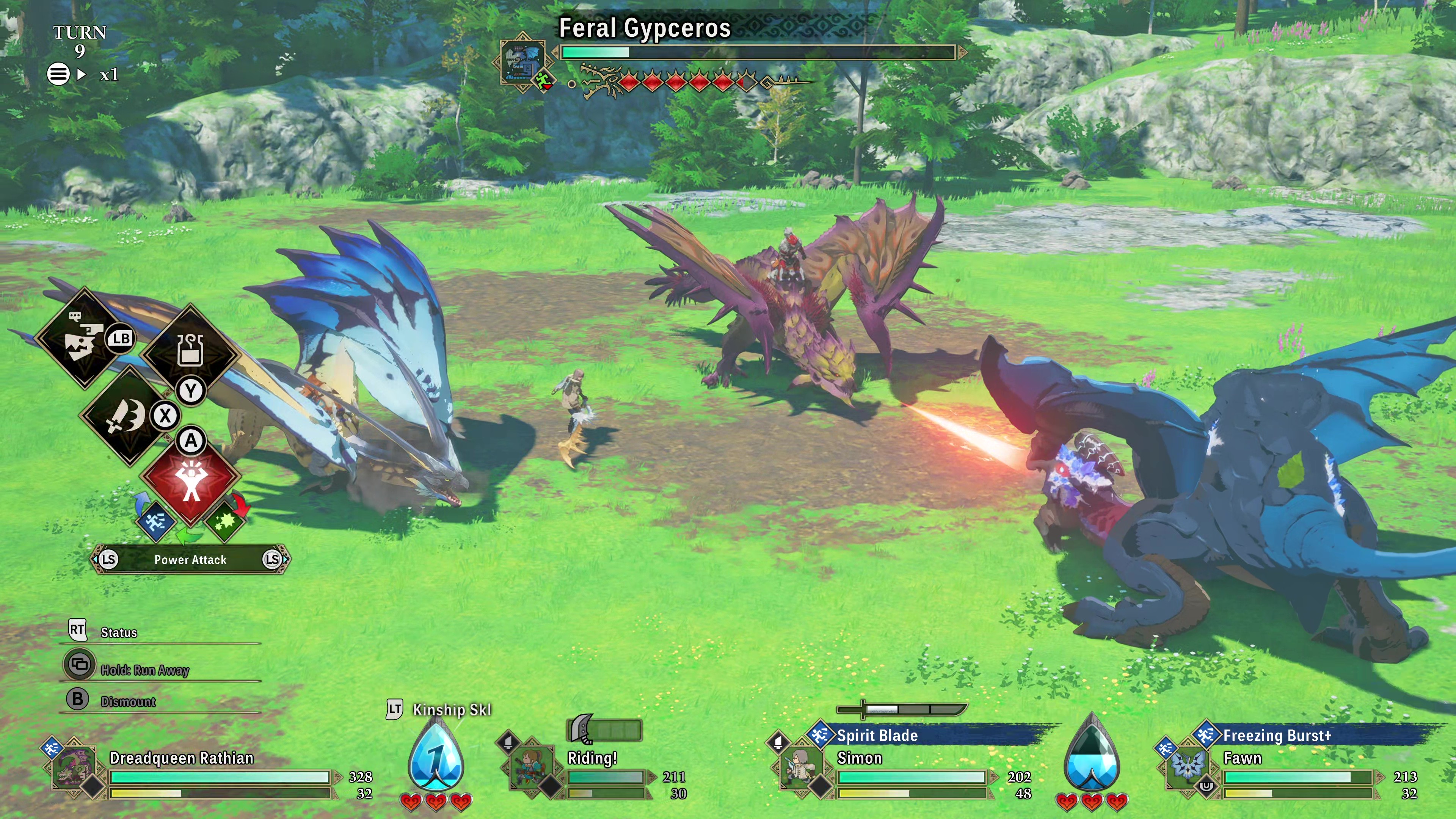 In-game screenshot of a turn-based battle against a Feral Gypceros in Monster Hunter Stories 3: Twisted Reflection.