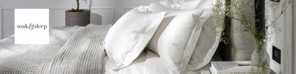 soak and sleep logo placed over a wide image of a white linen bed