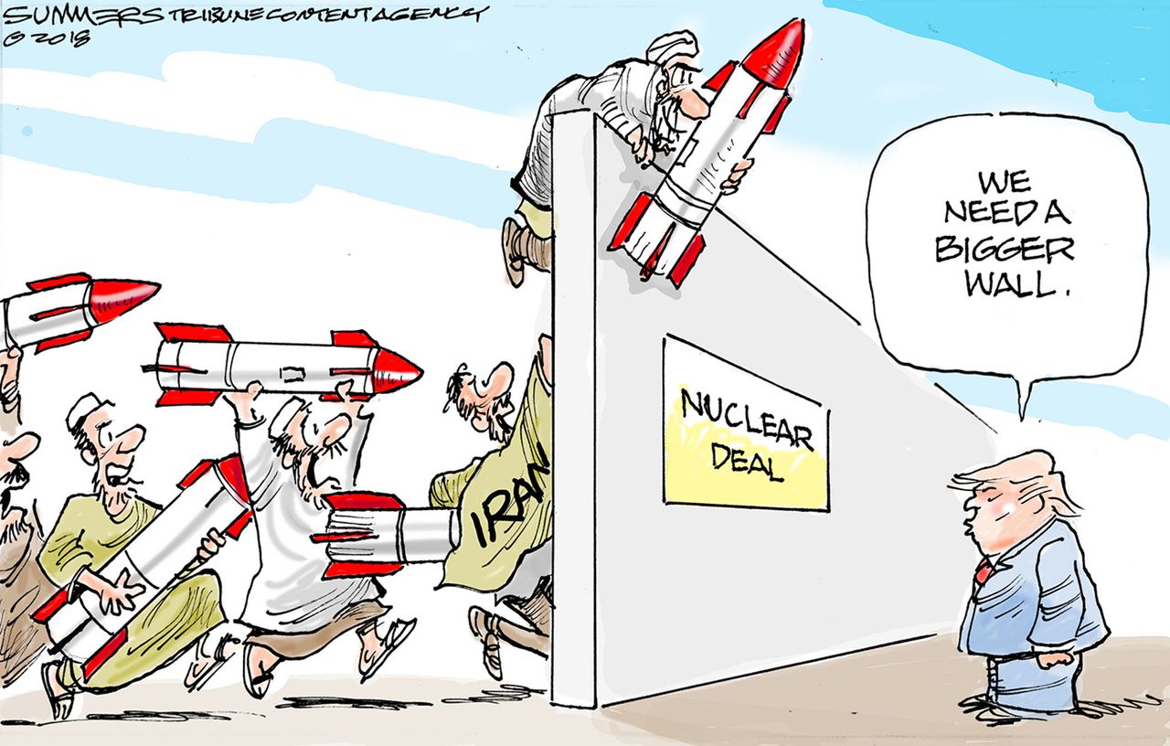 Political cartoon U.S. Iran nuclear deal wall Trump