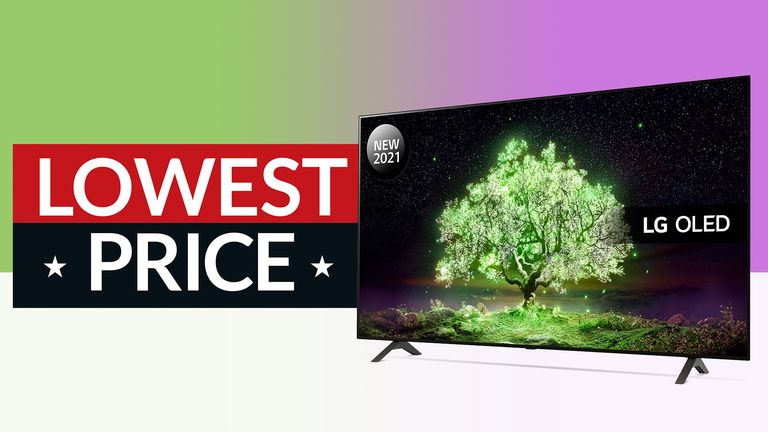 Best 75-inch TV Black Friday deals, image shows LG A1 with sign saying Lowest Price