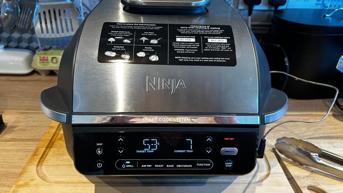 Ninja 5-in-1 Grill and Air Fryer on kitchen counter showing temperature probe reading