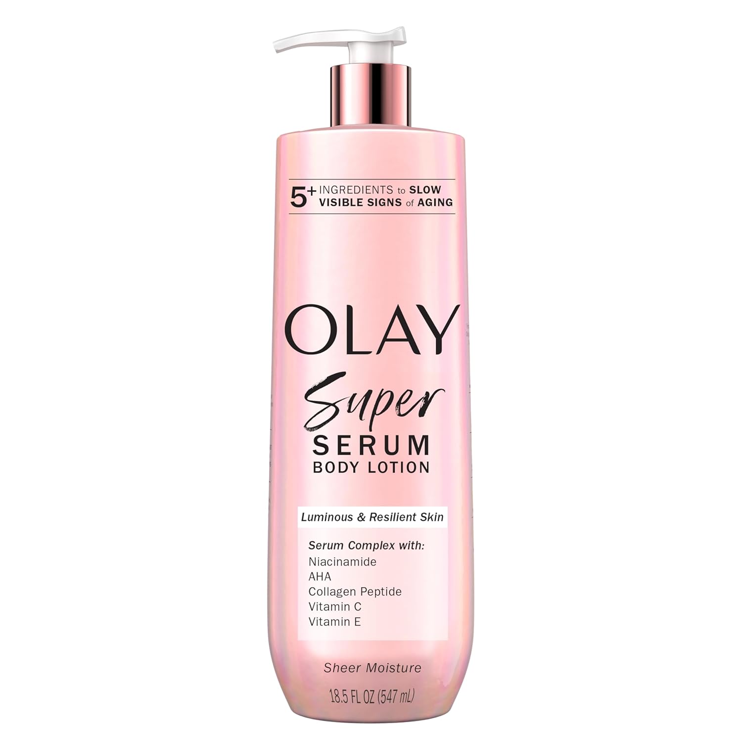 Olay Super Serum Hand &amp;amp; Body Lotion for Dry Skin, 24hr Long Lasting Hydration, 5+ Ingredient Serum Complex for Bright Even Firm Luminous Skin, Sweet Vanilla &amp;amp; Soft Wood Scent, 18.5 Fl Oz