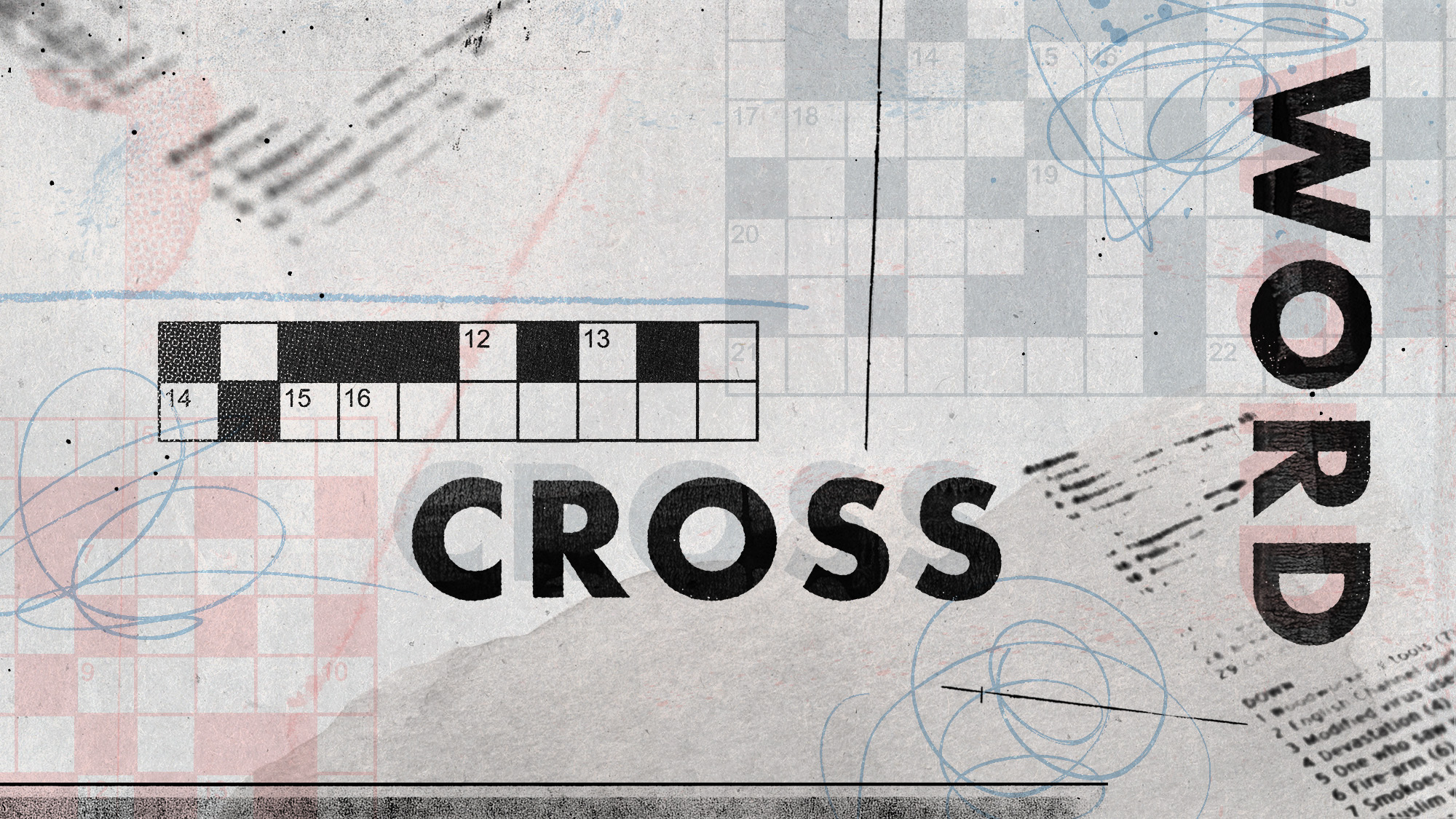 Illustrative collage of pencil scribbles, various print ephemera, and the word "crossword"