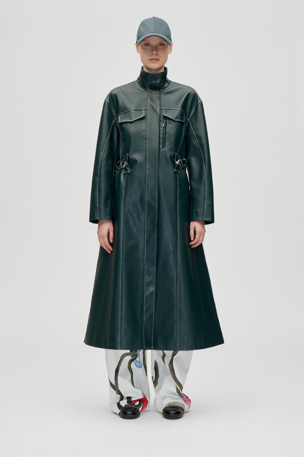 Dropped Shoulder High Collar Coat - Dark Green