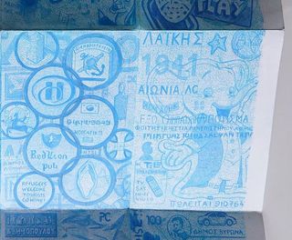 Close-up of hand-drawn map of Athens symbols including shop signs, graffiti, logos and murals, by Toby Melville-Brown