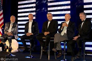 Space pioneers reflect on the past and the future at the Kennedy Space Center gala, left to right: Buzz Aldrin, Jeff Bezos, Jack Schmitt, Michael Collins and Walt Cunningham.