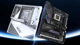 A promotional image showing the Gigabyte X870E Aorus Infinity Next and X870 Aorus Infinity motherboards next to each other