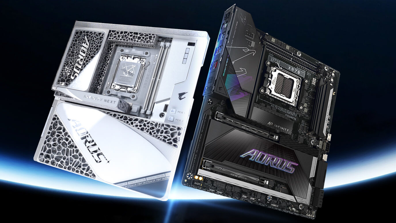 A promotional image showing the Gigabyte X870E Aorus Infinity Next and X870 Aorus Infinity motherboards next to each other