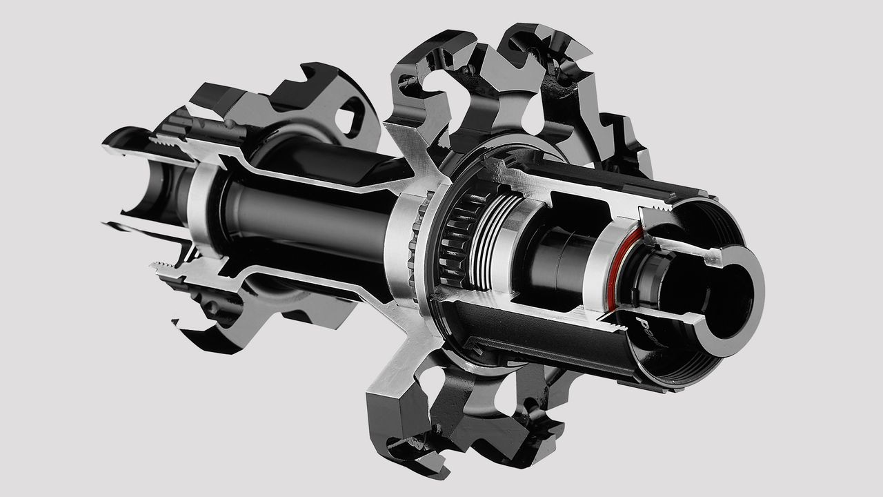 A cutaway image of a black rear hub assembly