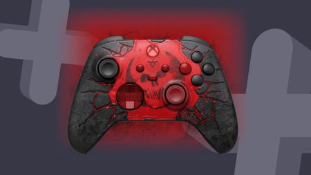 Gears of War E-Day Xbox controller on a gray background with a red glow effect