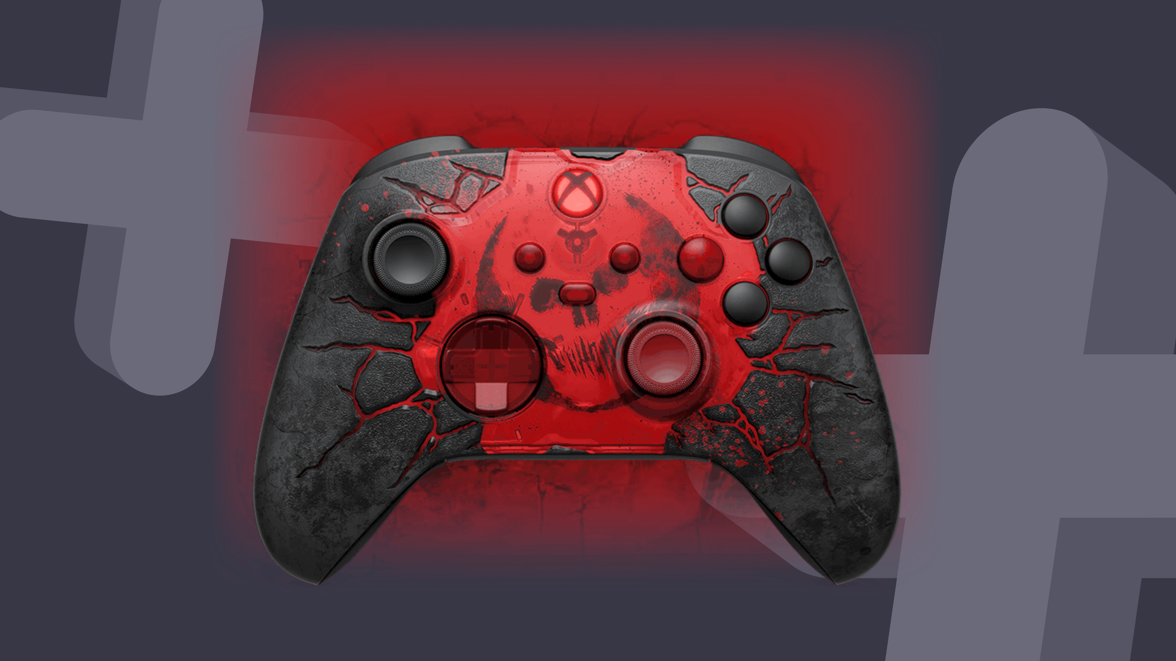 Gears of War E-Day Xbox controller on a gray background with a red glow effect