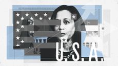 Photo composite illustration of Kamala Harris with a U.S. flag, the White House and divergent arrows