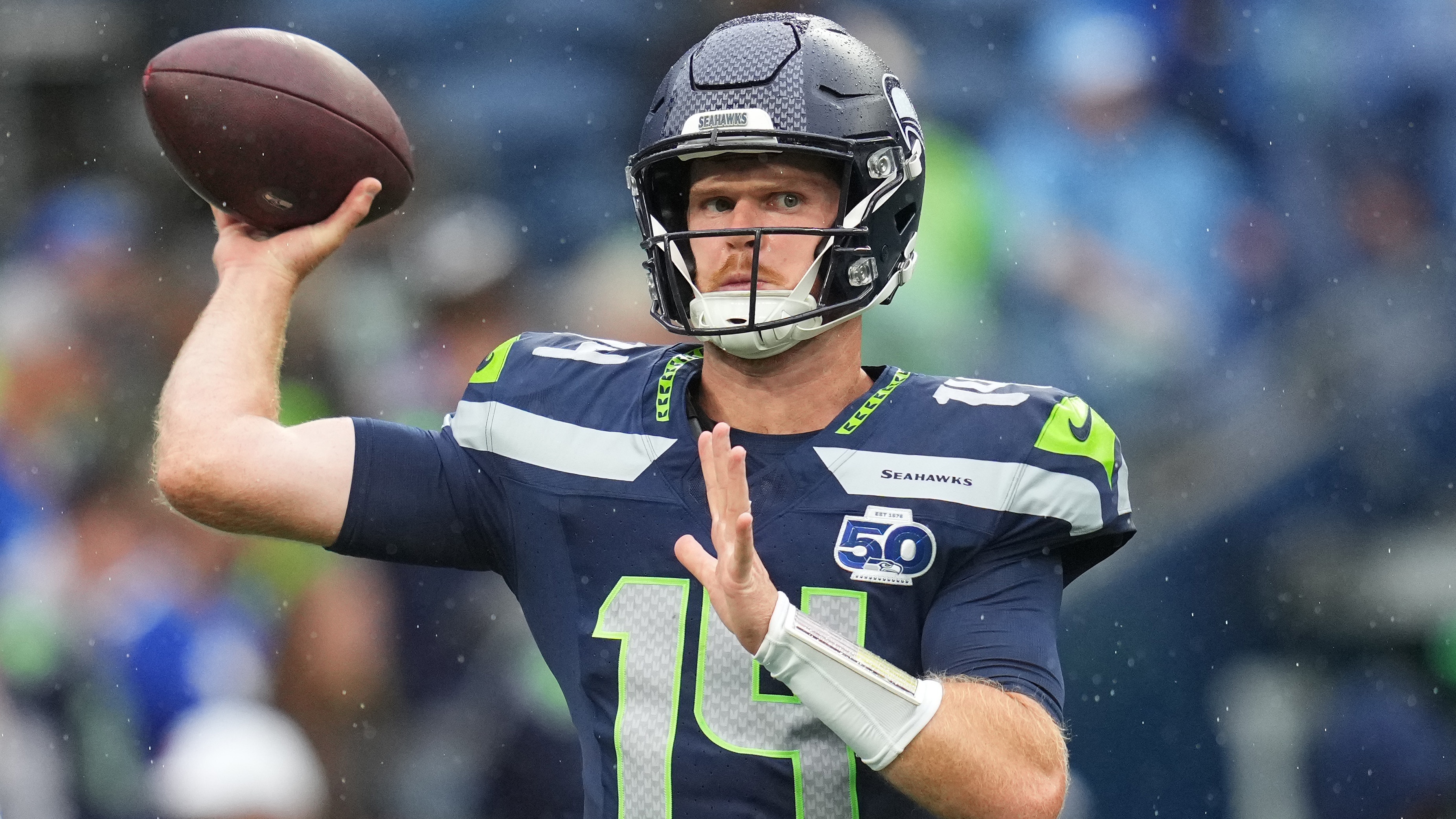 Sam Darnold #14 of the Seattle Seahawks warms up prior to the NFL Preseason 2025 game between Kansas City Chiefs and Seattle Seahawks at Lumen Field on August 15, 2025 in Seattle, Washington.