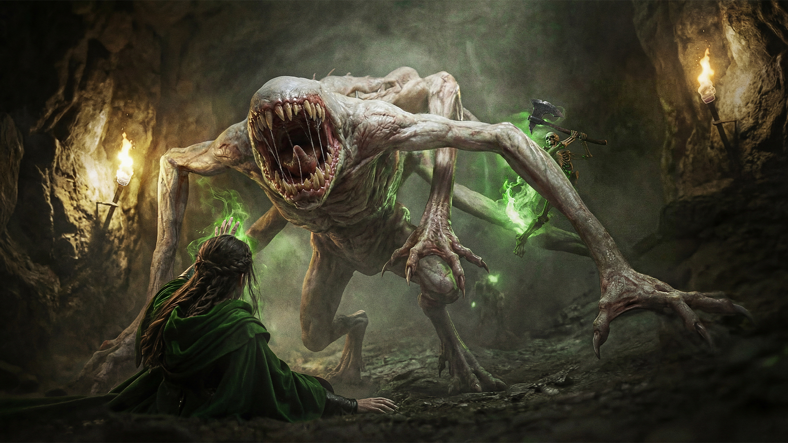 A render of a toothy creature attacking a fantasy knight