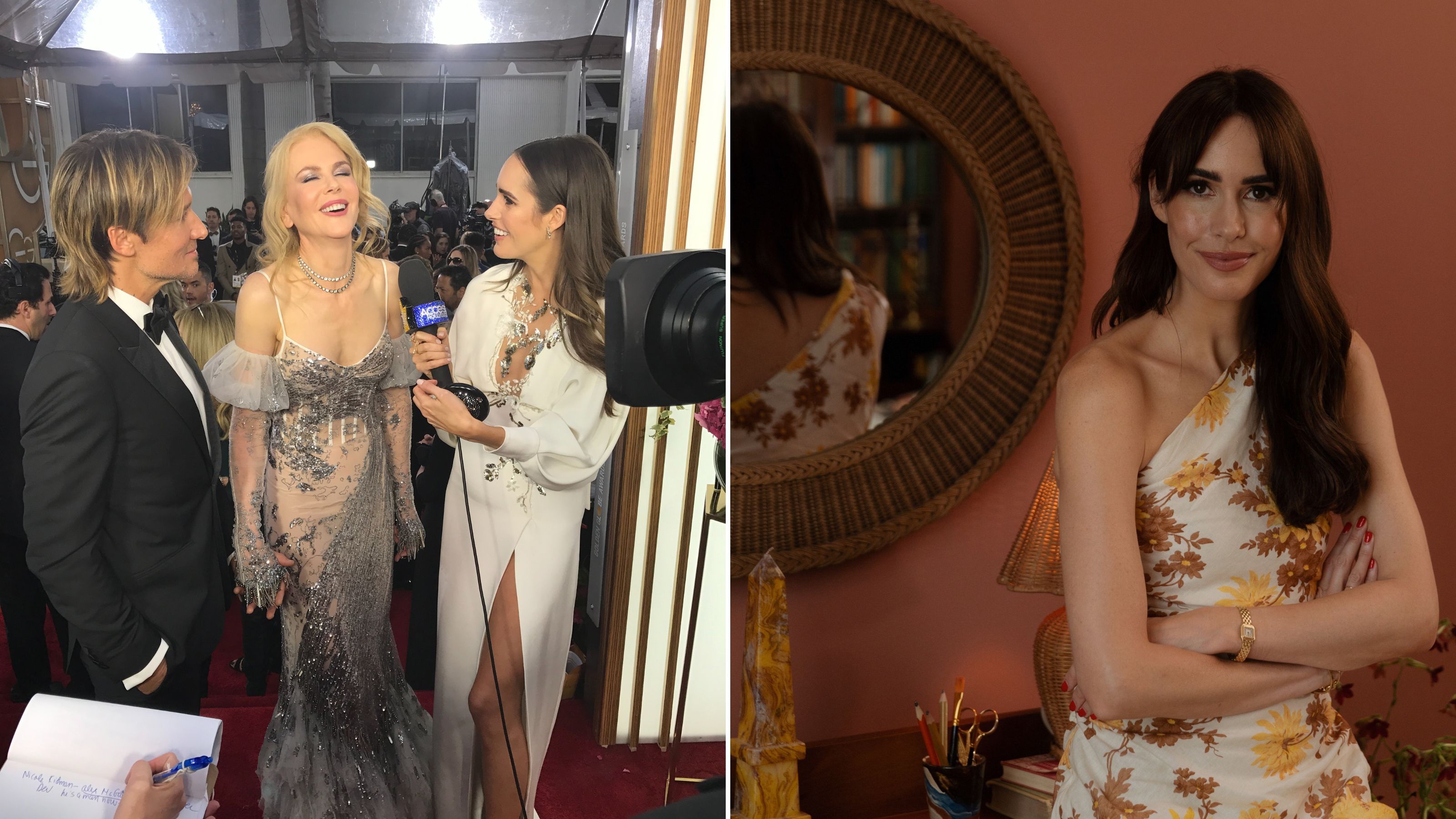 Louise Roe interviewing Nicole Kidman on the red carpet and portrait of Louise Roe