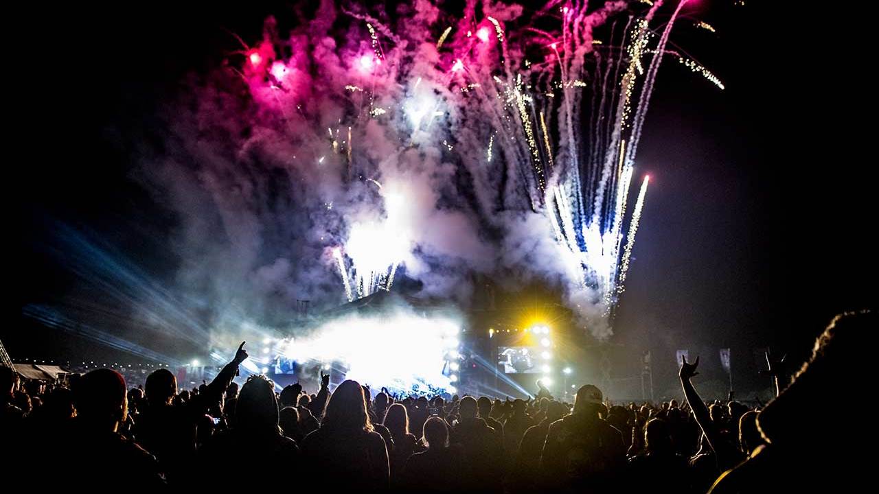 Festival crowd with fireworks