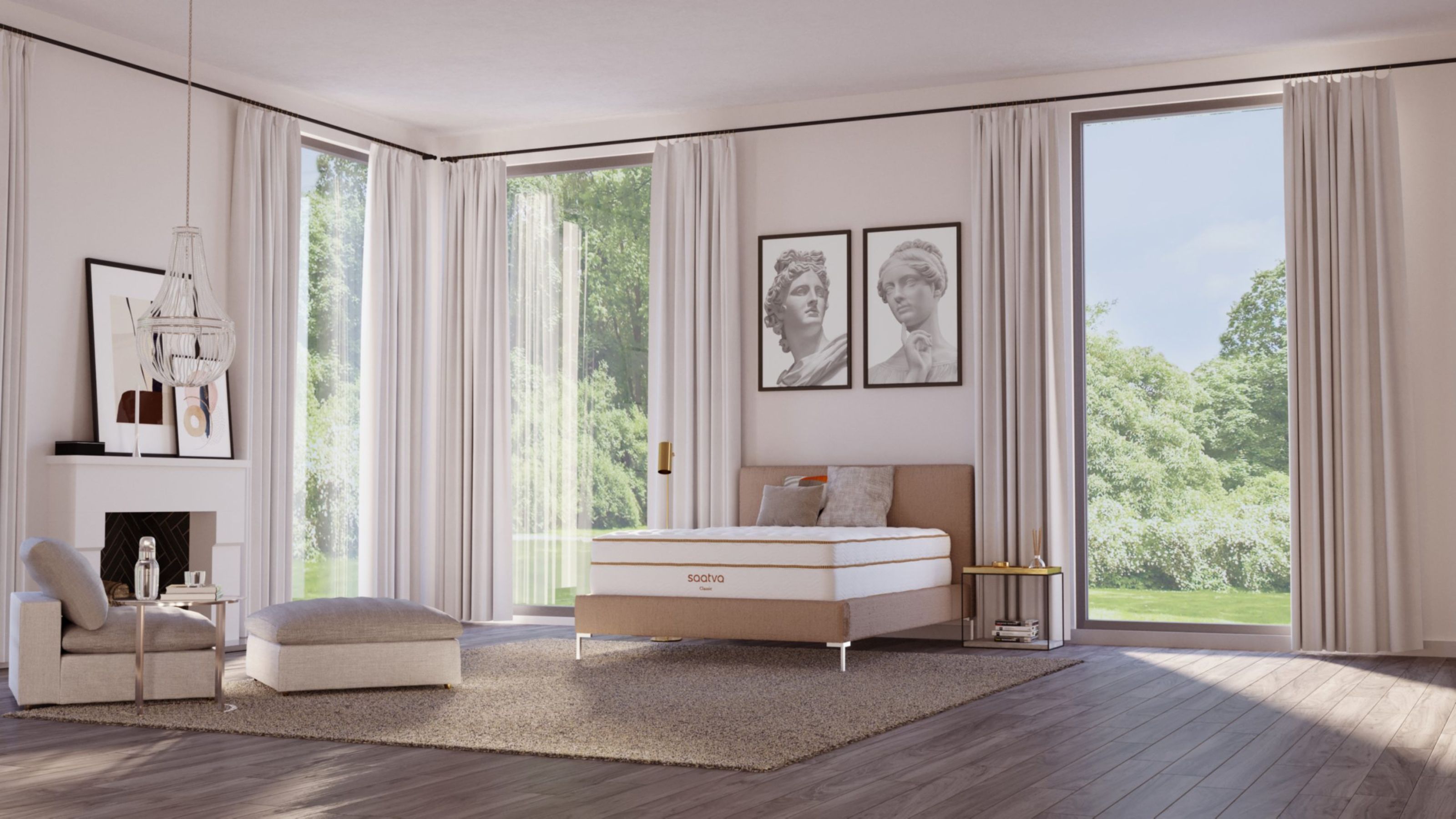 A White Saatva bedroom with large windows, wooden flooring, jute rug, large artworks above the Santorini bedframe, and a white mantelpiece with artworks and cream seating.
