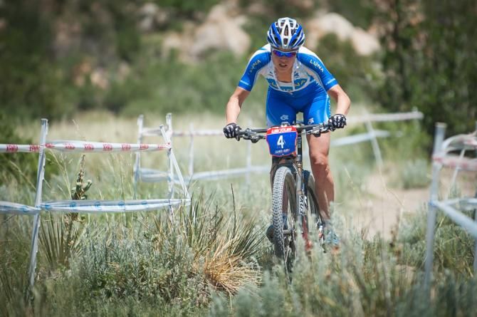 Georgia Gould (Luna) off the front during mid-race of the elite women's cross country race.