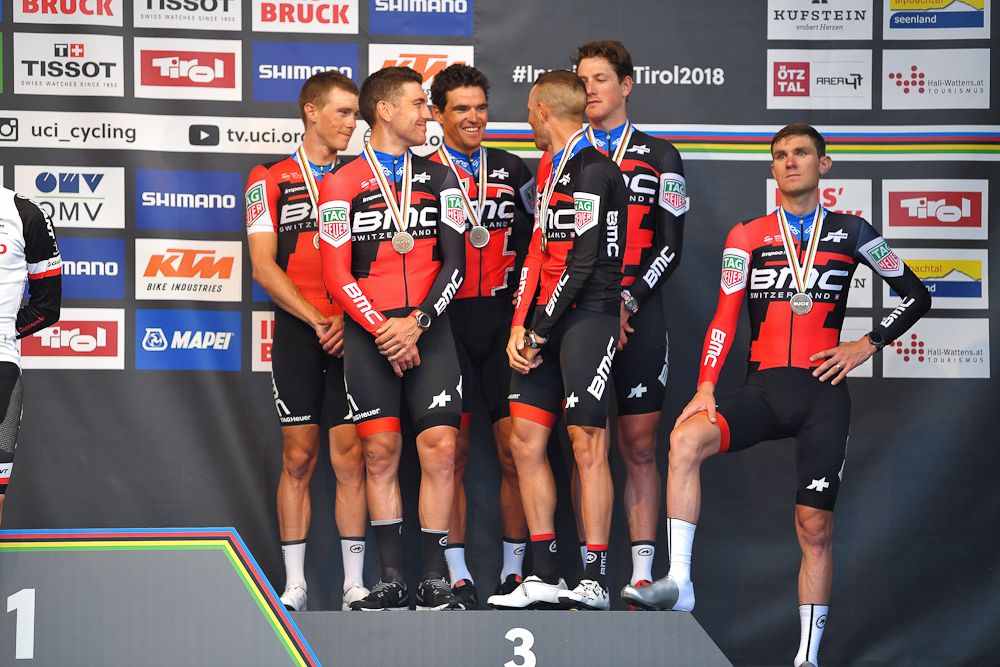BMC Racing on the 2018 team time trial world championship podium