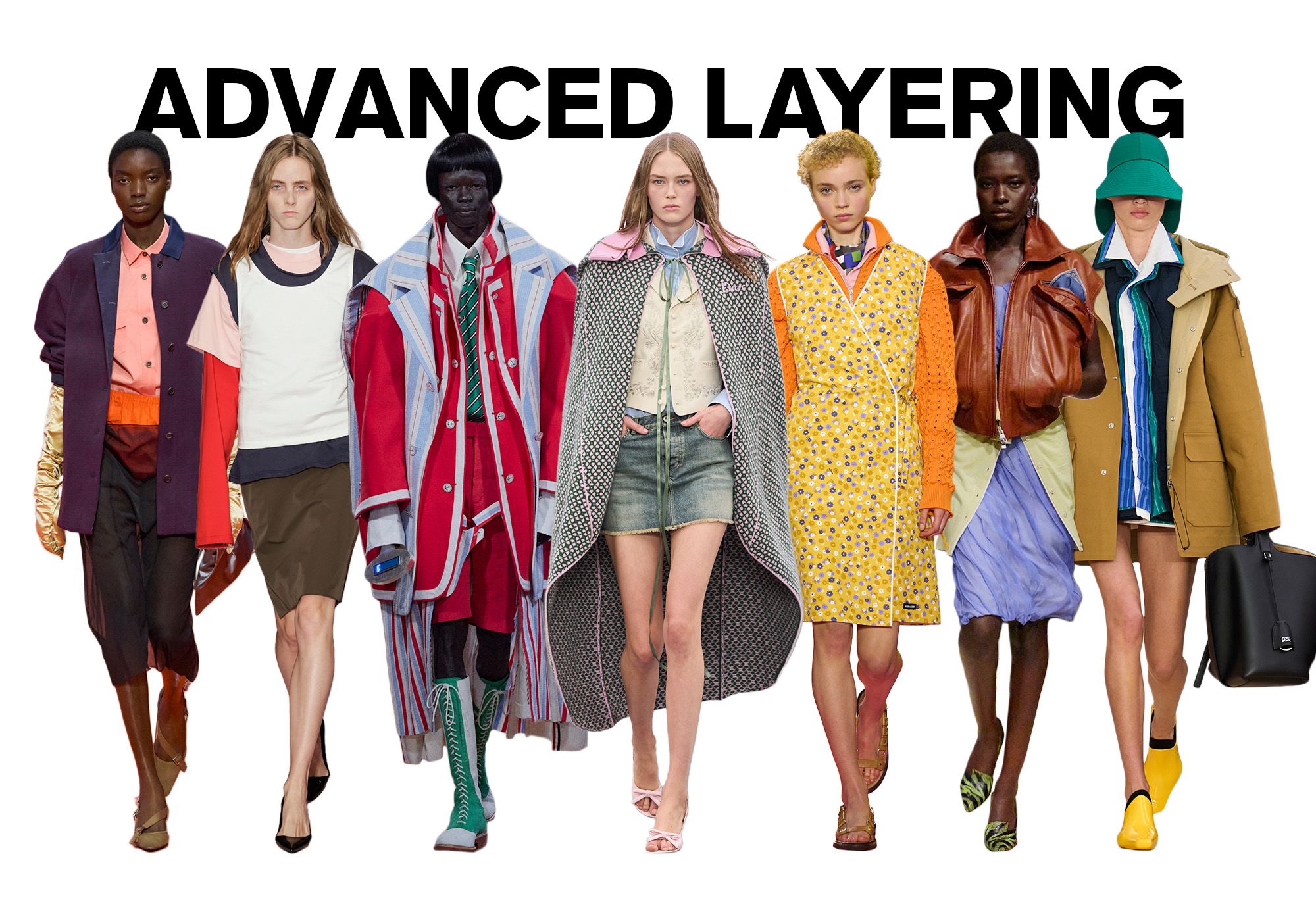 A photo of 7 models from the S/S 26 runway shows wearing layered outfits against a white background. On top, the title is, "ADVANCED LAYERING" in black capital letters.