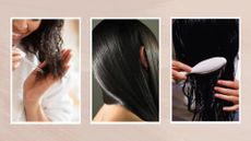 A woman applying oil to the ends of her curly hair, alongside a picture of the back of a woman's head with very shiny hair and finally, a woman brushing her wet hair with a white hairbrush/ in a beige textured template