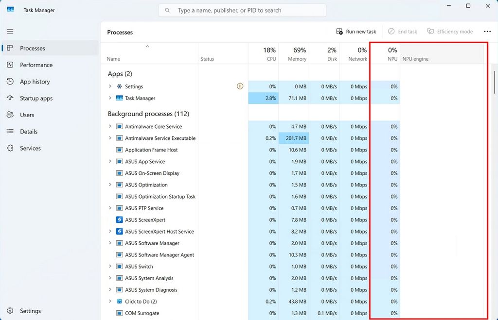 Windows Task Manager showing Processes tab with NPU column.