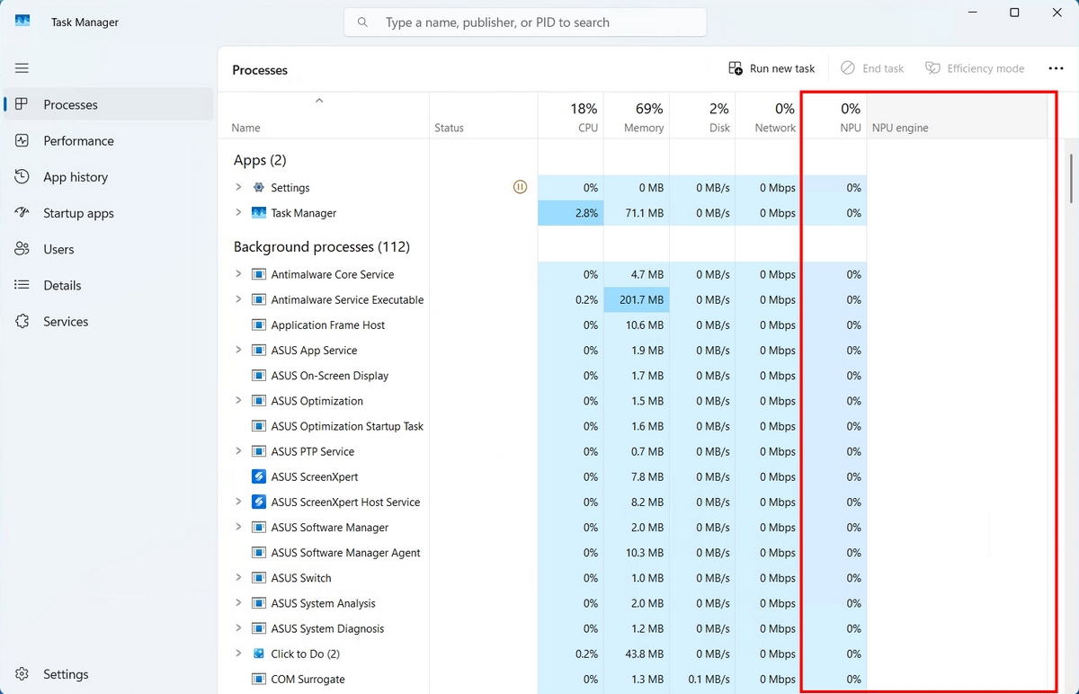 Windows Task Manager showing Processes tab with NPU column.