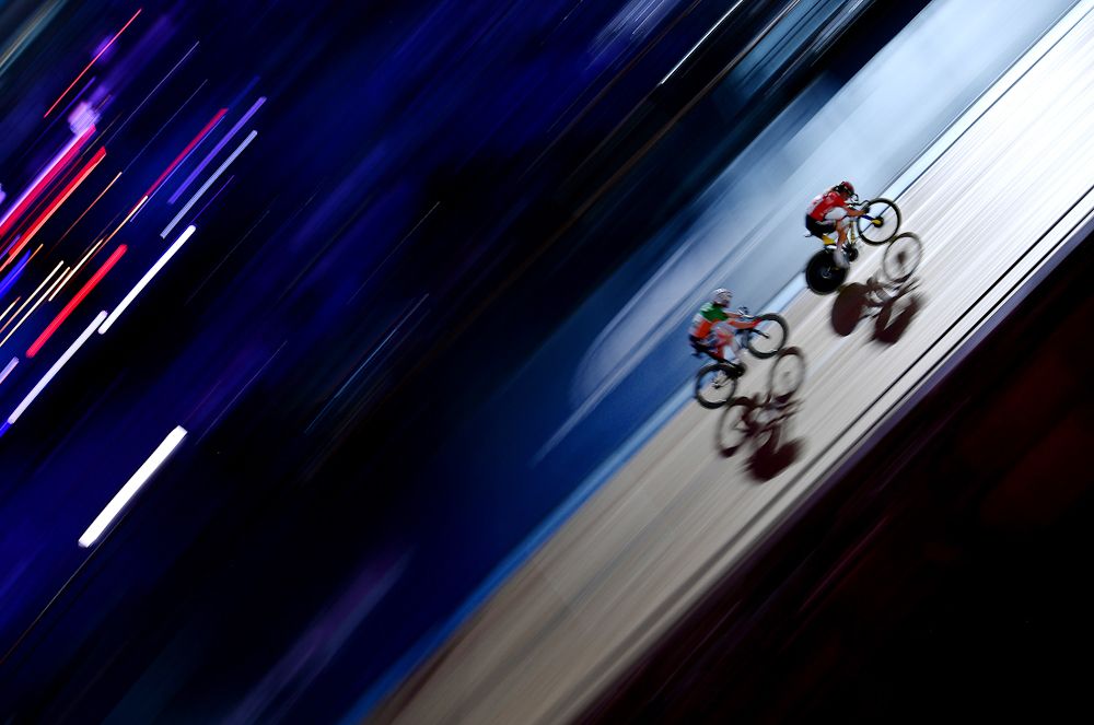 Jasmin Duehring of Canada (r) competes in the Womens 10km Scratch Race on day four of the London Six Day