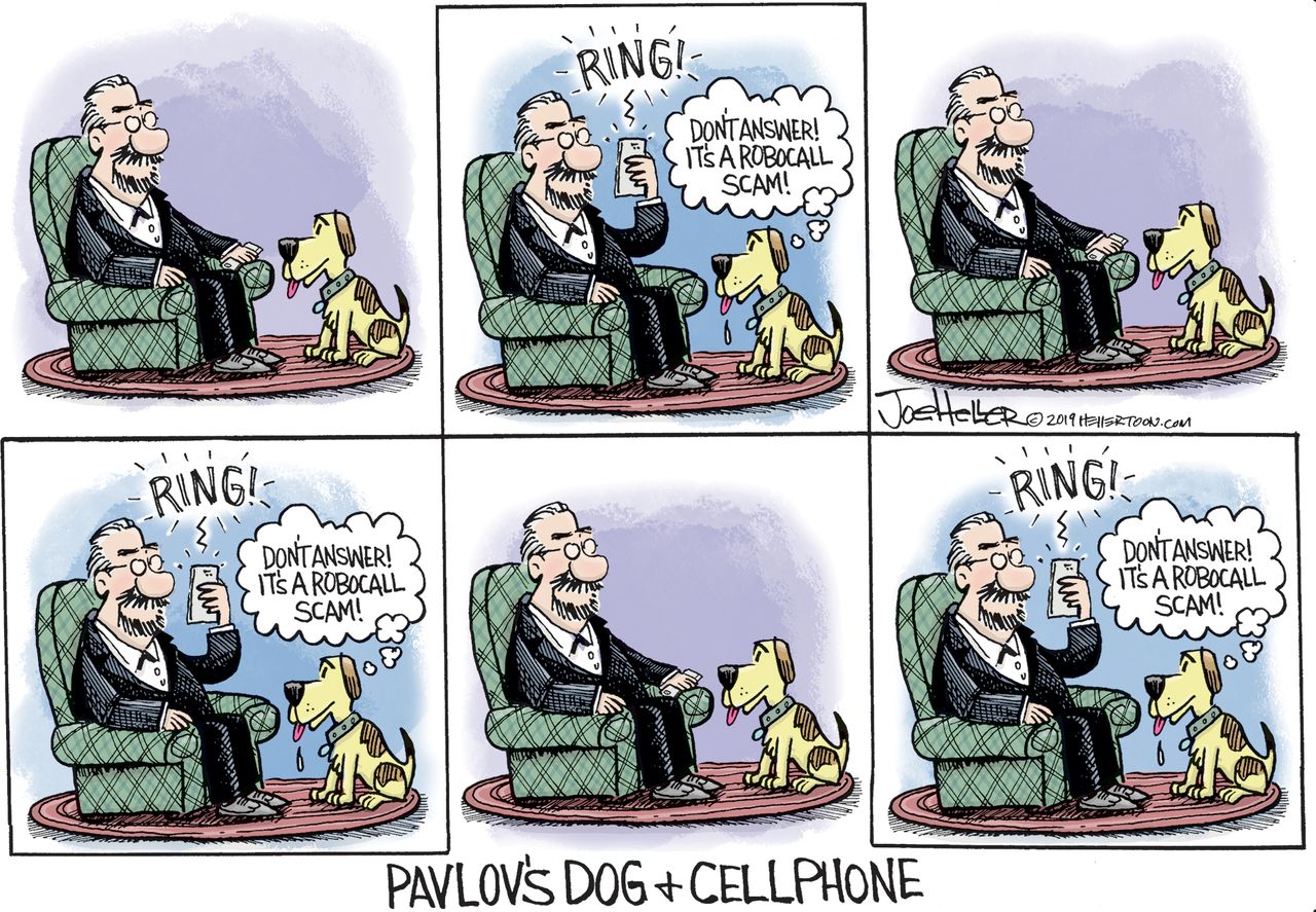 Editorial Cartoon U.S Pavlov dog and cellphone scam