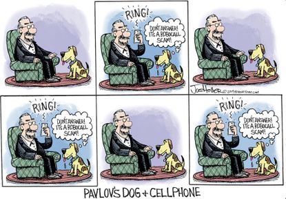 Editorial Cartoon U.S Pavlov dog and cellphone scam