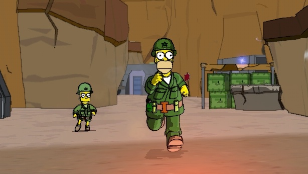 Homer Simpson running in a soldier uniform.