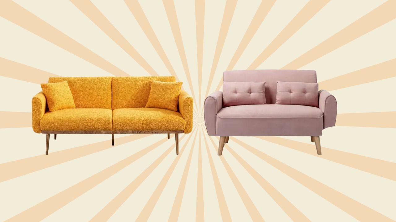 two mini couches for dorm rooms a yellow and pink selection on a sunny yellow ray background