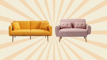 two mini couches for dorm rooms a yellow and pink selection on a sunny yellow ray background