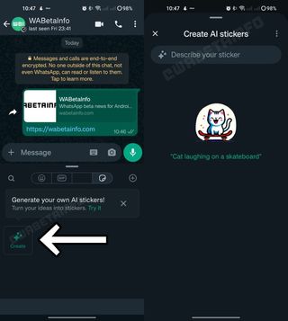 Whatsapp AI sticker generation interface in a chat