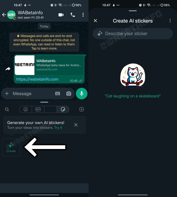 Interface de geração de figurinhas do Whatsapp AI em um chat