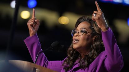 Oprah Winfrey speaks on stage during the third day of the Democratic National Convention at the United Center on August 21, 2024 in Chicago, Illinois.