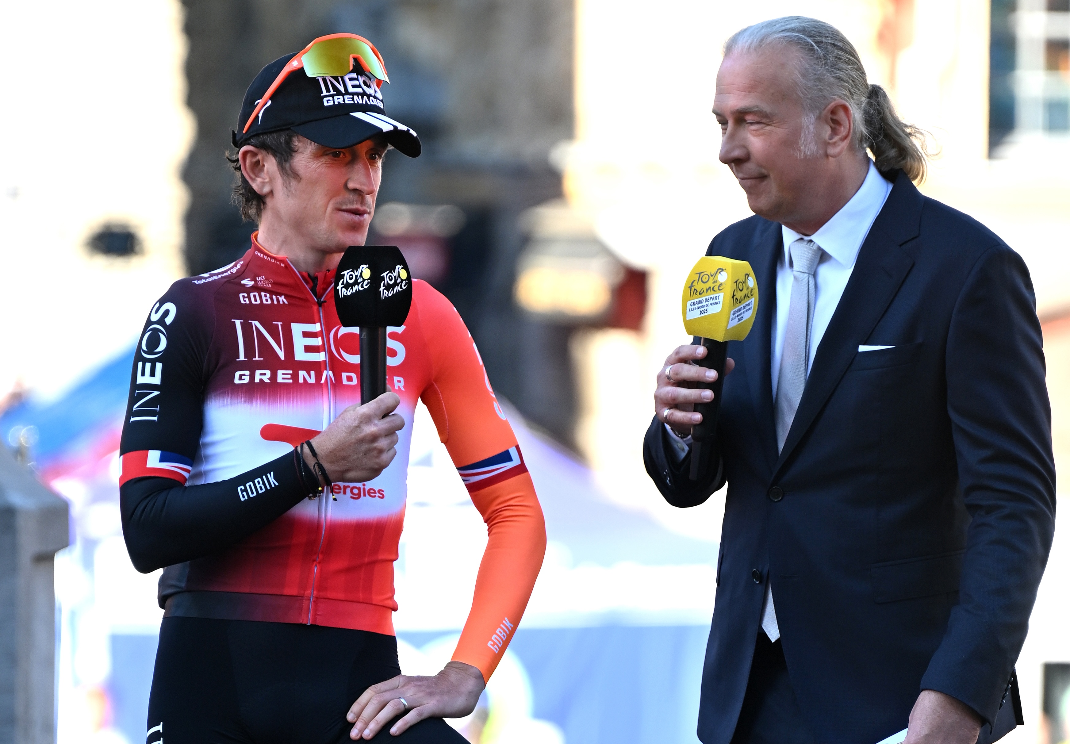 LILLE, FRANCE - JULY 03: Geraint Thomas of Great Britain and Team INEOS Grenadiers during the team presentation prior to the 112th Tour de France 2025 / #UCIWT / on July 03, 2025 in Lille, France. (Photo by Tim de Waele/Getty Images)