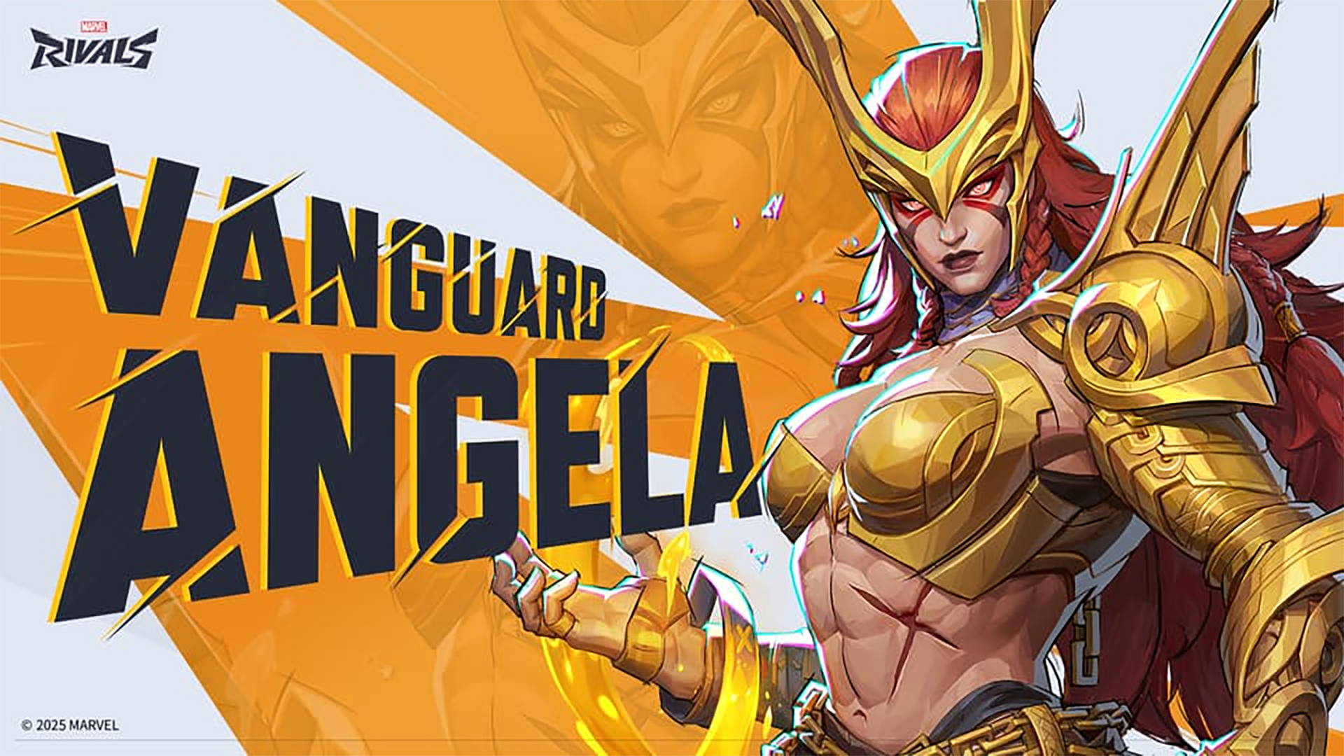 Angela posing with her Marvel Rivals announcement card