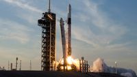A SpaceX Falcon 9 rocket carrying the company’s Dragon spacecraft launches NASA’s SpaceX Crew-10 mission to the International Space Station on March 14, 2025.
