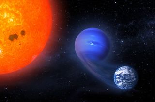 This artist's illustration depicts the transformation of a "mini-Neptune" exoplanet, orbiting a red dwarf star, into a potentially habitable rocky world.